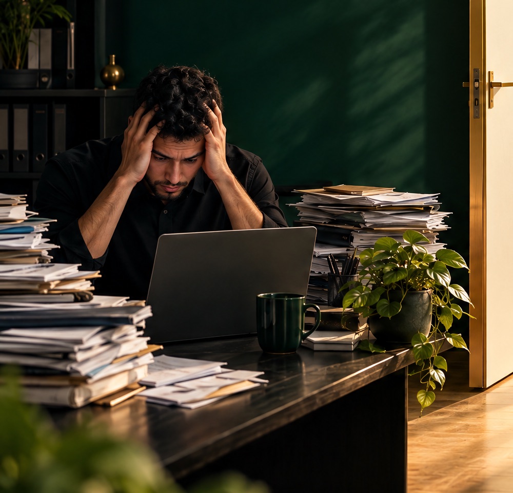 An entrepreneur overwhelmed by paperwork at his desk