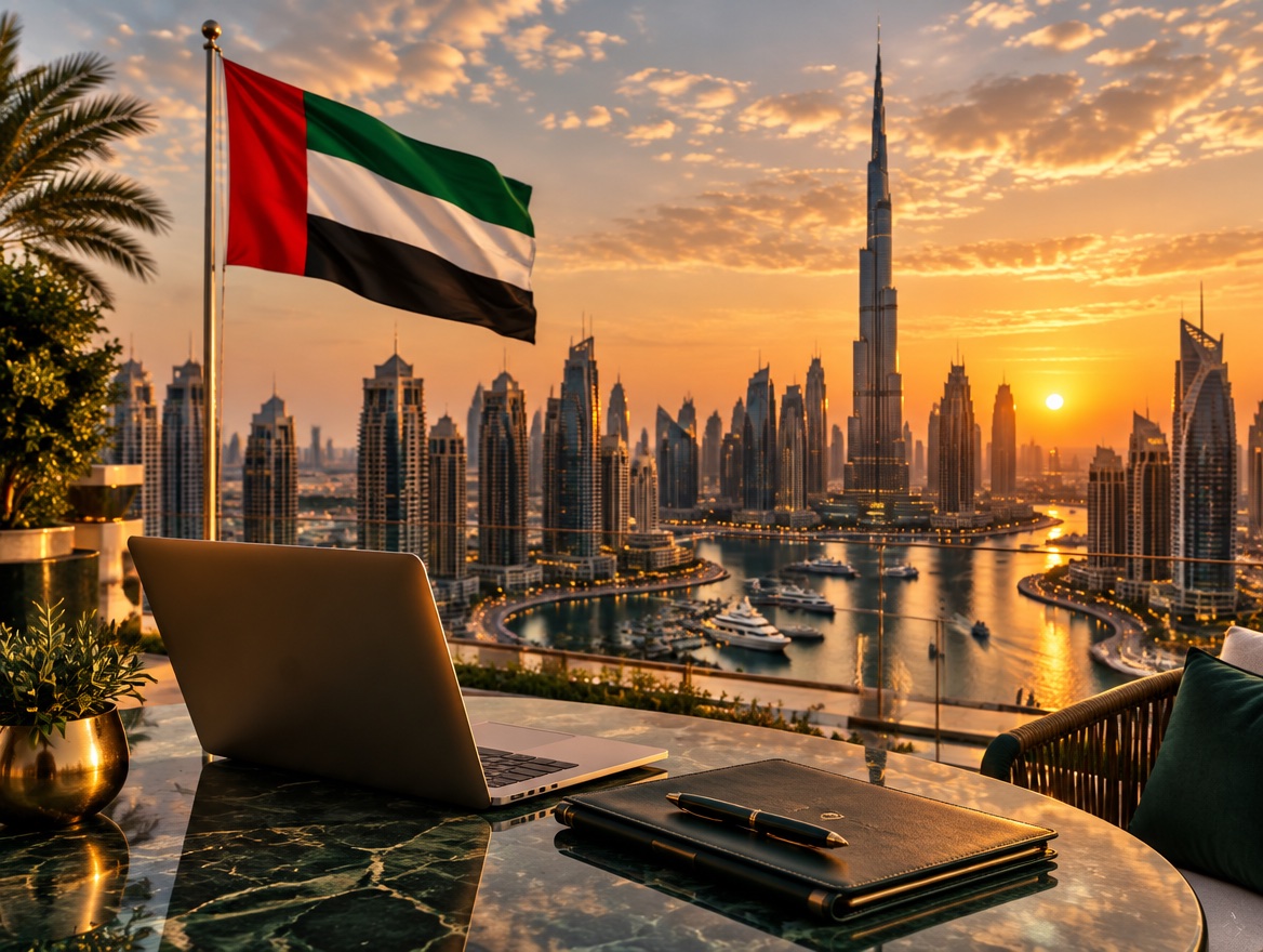 The UAE flag above Dubai Marina and the Burj Khalifa at sunset