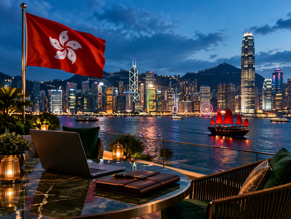 The Hong Kong flag above Victoria Harbour and the skyline at night