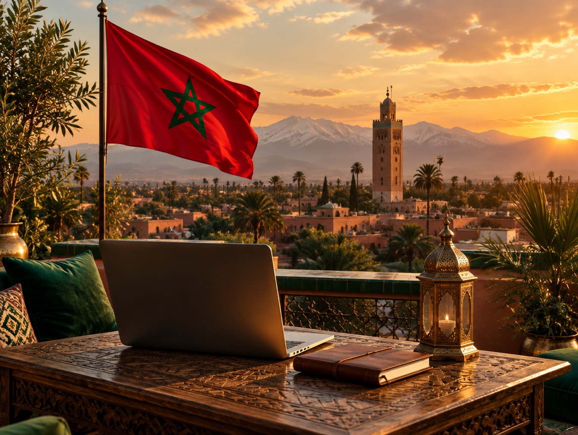 The Moroccan flag over the rooftops of Marrakech at sunset, with the Koutoubia and the Atlas mountains
